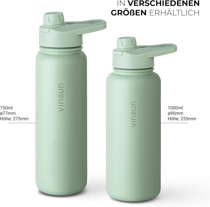 Vinsun Trinkflasche Edelstahl grün 750ml - auslaufsicher, Kohlensäure geeignet, BPA frei - Strohhalm