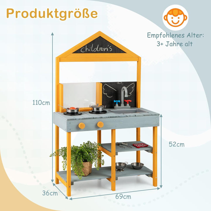 COSTWAY Matschküche Kinder Outdoor, Kinderküche Tannenholz mit Pflanzbehälter & 2 Kreidetafeln & Was