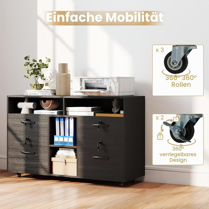 GIANTEX Rollcontainer, mobiler Aktenschrank mit 4 Schubladen, abschliessbarer Büroschrank mit Rollen
