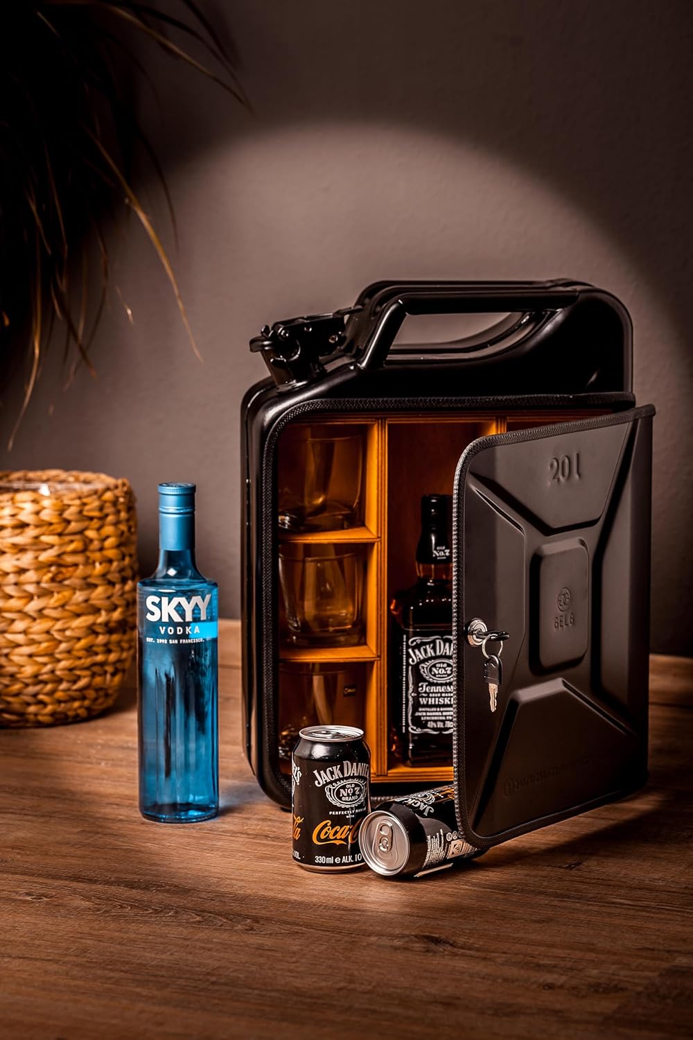 20L Kanister Bar inkl. 3 Whisky Gläser- Jerrycan 4 Herausnehmbaren Fächern schwarzer Metall Mobile B