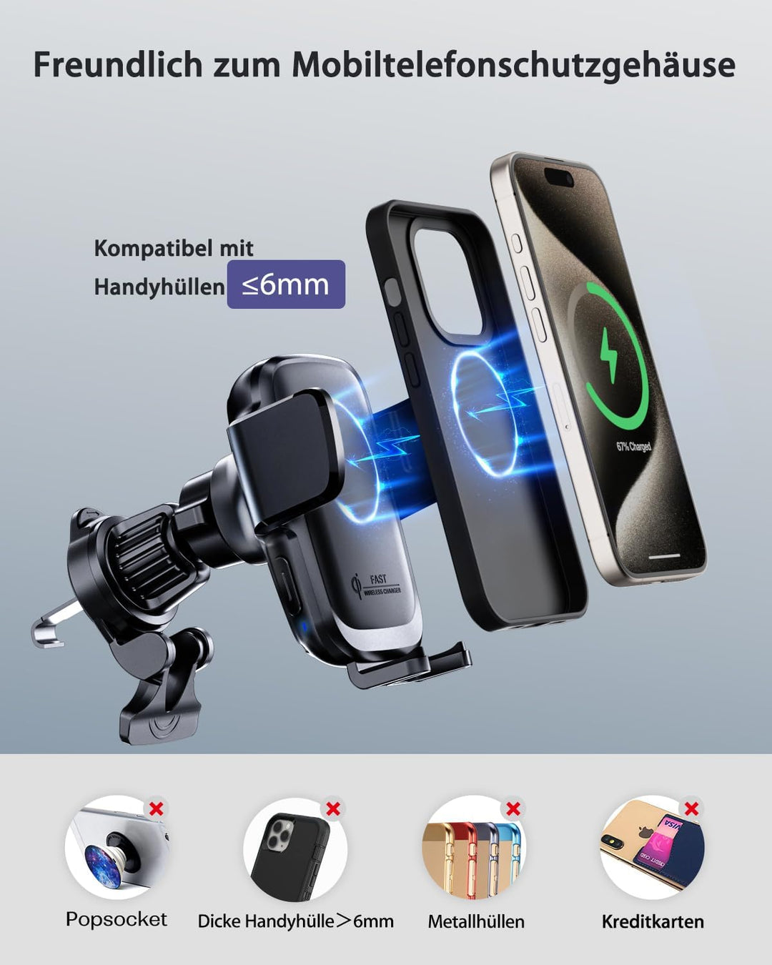 KPON Handyhalterung Auto mit Ladefunktion, Induktive ladestation Auto 15W,Auto zubehör Handyhalterun