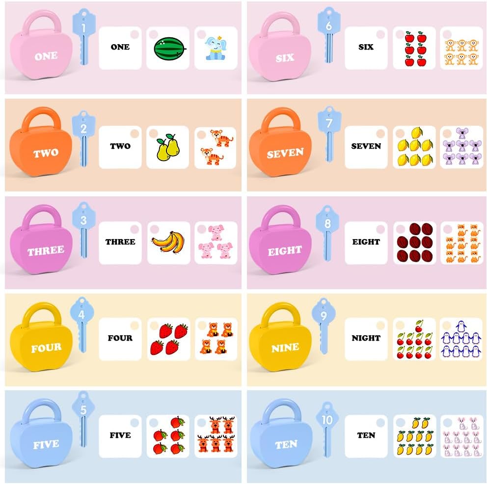 10 Set Schloss und Schlüsselspiel, Montessori Baby Keys Spielzeugset, Lock Und Schlüsselspielzeug, V