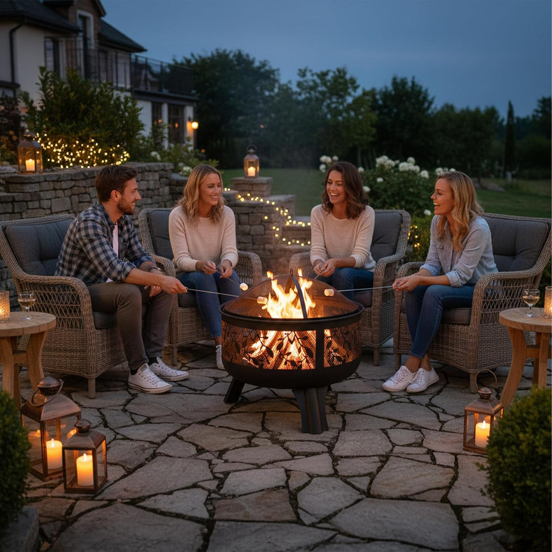 Relaxdays Feuerschale mit Funkenschutz, Garten & Terrasse, mit Schürhaken, Outdoor Feuerkorb, HxD: 6