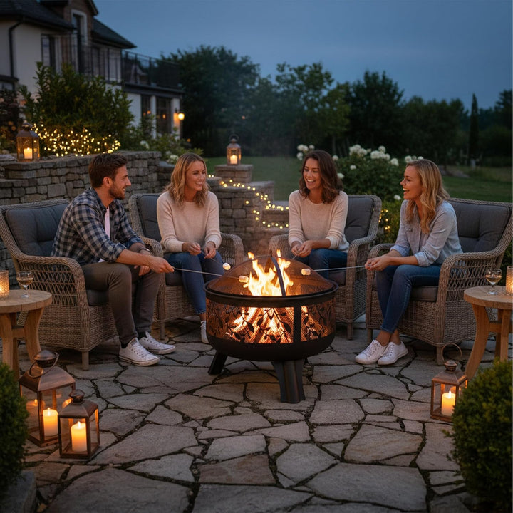 Relaxdays Feuerschale mit Funkenschutz, Garten & Terrasse, mit Schürhaken, Outdoor Feuerkorb, HxD: 6