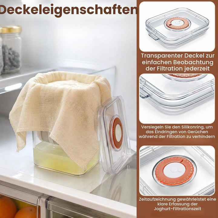 Joghurt Sieb Set 1100ML Griechischer Joghurt Käsesieb mit Edelstahl Feine Filtersiebe &amp; Zeitanzeige