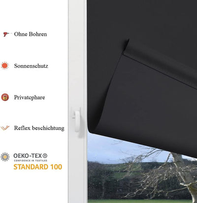 Eurohome Verdunkelungsrollo Thermo Rollo 100x130cm (Stoffbreite 96 cm) Schwarz Klemmfix ohne Bohren
