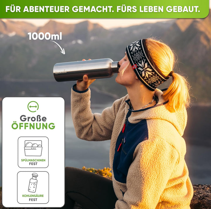 Blockhütte Premium Edelstahl Trinkflasche isoliert I 1L I mit Naturborsten Bürste I Isolierflasche a