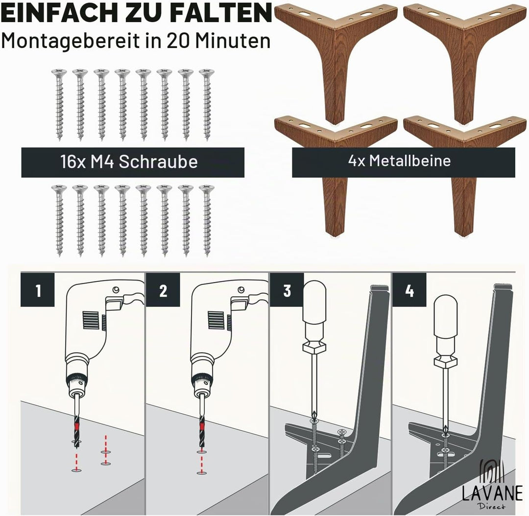 La Vane 4er Set Metall Möbelfüsse (17cm Höhe) Walnuss - Diamant-Dreieck Design für Schrank, Sofa, Co