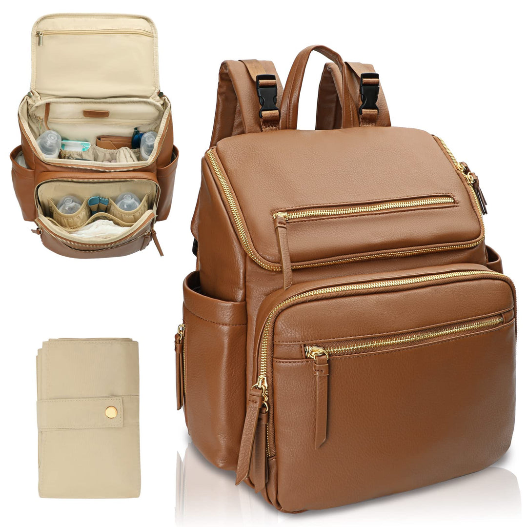 MISS FONG Baby Wickelrucksack Wickeltasche, Leder Rucksack mit Multifunktions-Babytaschen, 19 Wickel