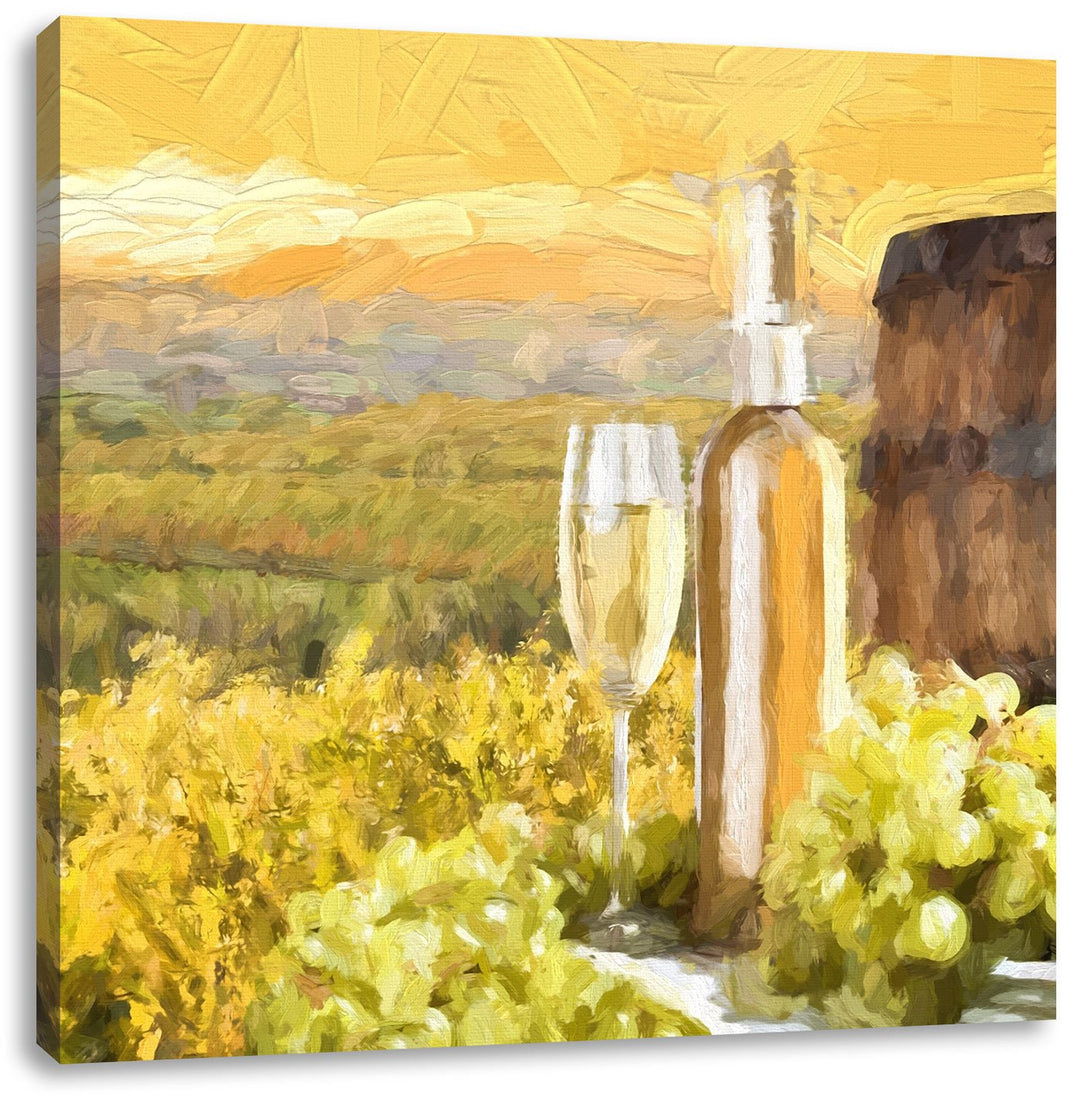 Pixxprint Weinreben mit Weinflasche und Fass Pinsel Effekt, Format: 70x70 auf Leinwand, 70x70