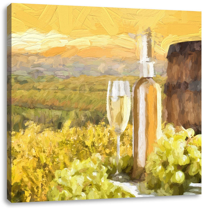 Pixxprint Weinreben mit Weinflasche und Fass Pinsel Effekt, Format: 70x70 auf Leinwand, 70x70