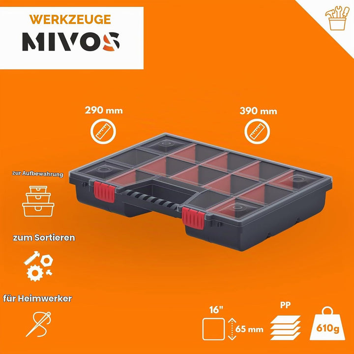 Mivos Sortierkasten 16” für Zubehör und Kleinteile - Sortimentskasten 390 x 290 x 65 mm - Sortierbox
