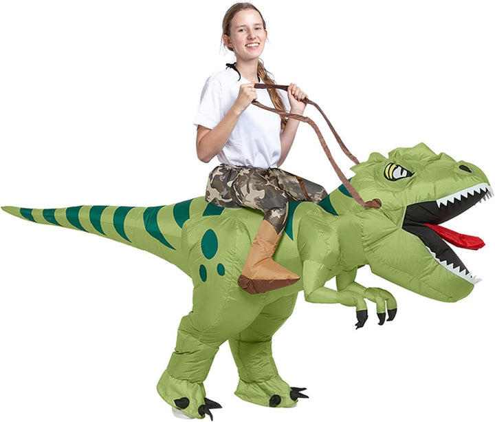 Dinosaurier-Kostüm, aufblasbar, Dino zu Pferd auf einem aufblasbaren Dinosaurier-Spielzeug, für Part