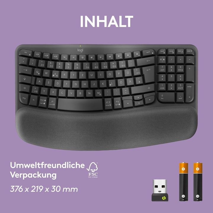 Logitech Wave Keys kabellose ergonomische Tastatur, gepolsterte Handballenauflage, komfortables natü