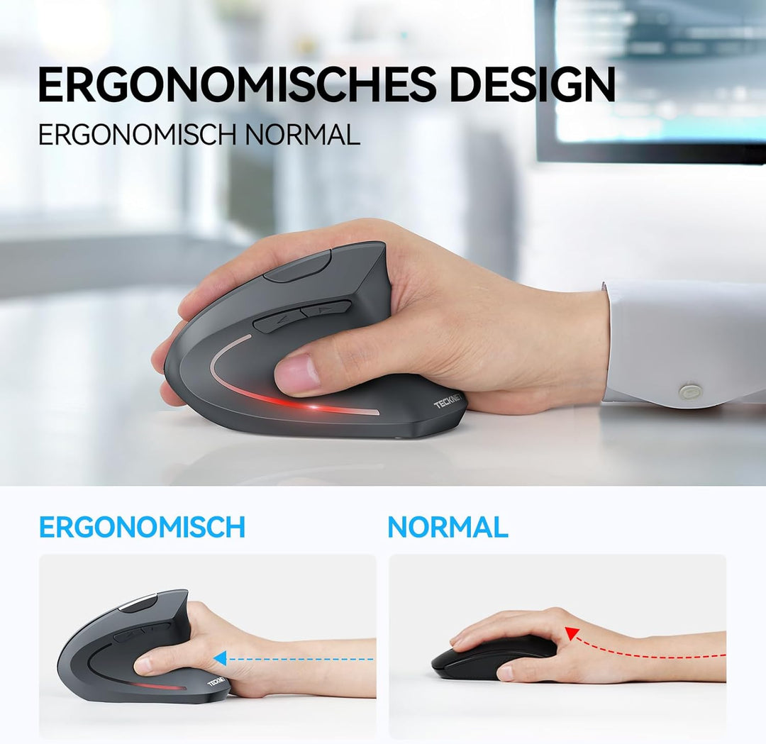 TECKNET Ergonomische Kabellose Bluetooth Maus - Vertikale Wireless Mouse mit 3 Gerät (BT+BT+USB), Op