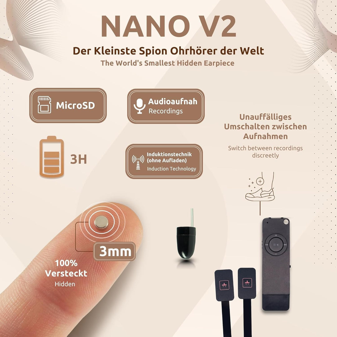 PingaOculto Spion Kopfhörer für Prüfung - Mini Nano Unsichtbare MP3-Player mit Drucktasten - Unsicht