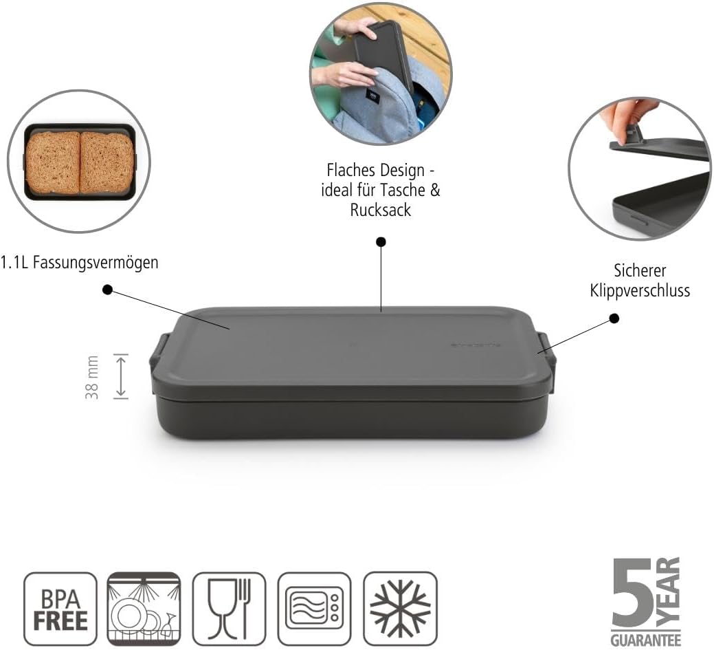 Brabantia - Make & Take Frühstück-Set - 2er-Set: Wasserflasche 0.5L + Lunch Box Flach - Platz für Sa