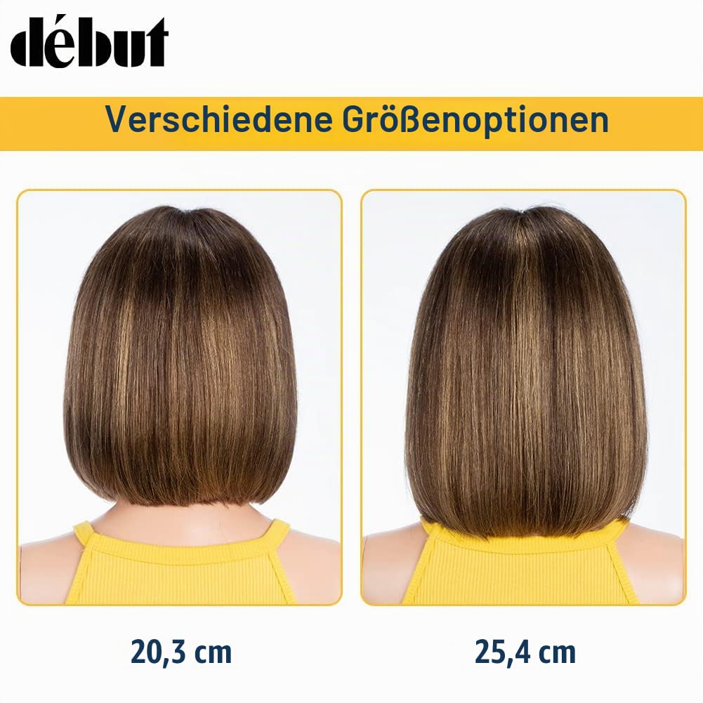 DÉBUT Glatte Bob Perücke, Echthaar, T-Teil, Spitzenfront, Bob-Perücke, vorgezupft, mit Babyhaar, 150