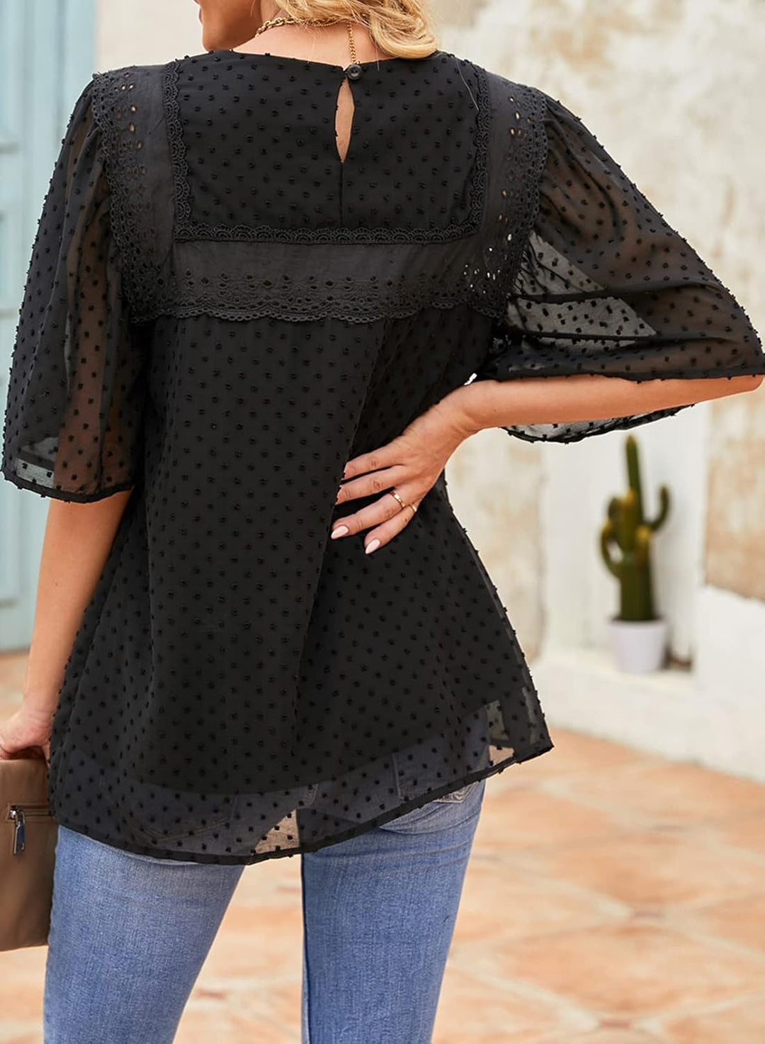 Dokotoo Damen Bluse Elegant Spitzen Chiffonbluse Rundhals Lose Tunika Hemd Frühling Sommer Boho Ober