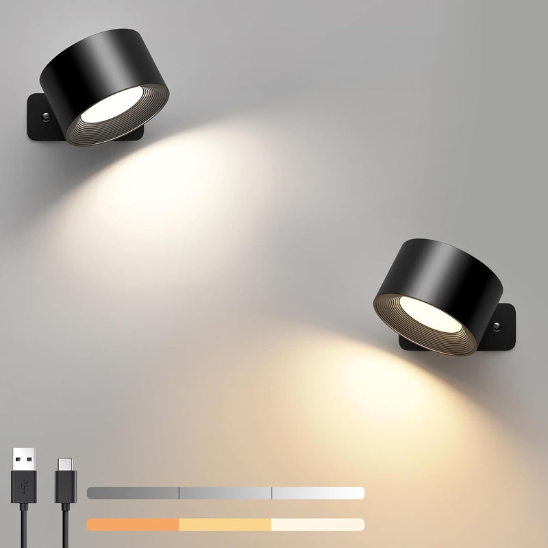 LED Wandleuchte Innen 2 Stück, 3 Helligkeitsstufen 3 Farbmodi Nachttischlampe, 360° Drehbare Touch C
