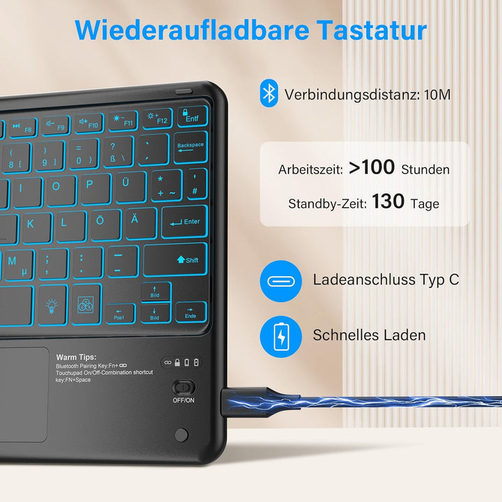 KBCASE Bluetooth Tastatur mit Touchpad Tastatur Kabellose mit 7 Farben Beleuchtete Wireless Bluetoot