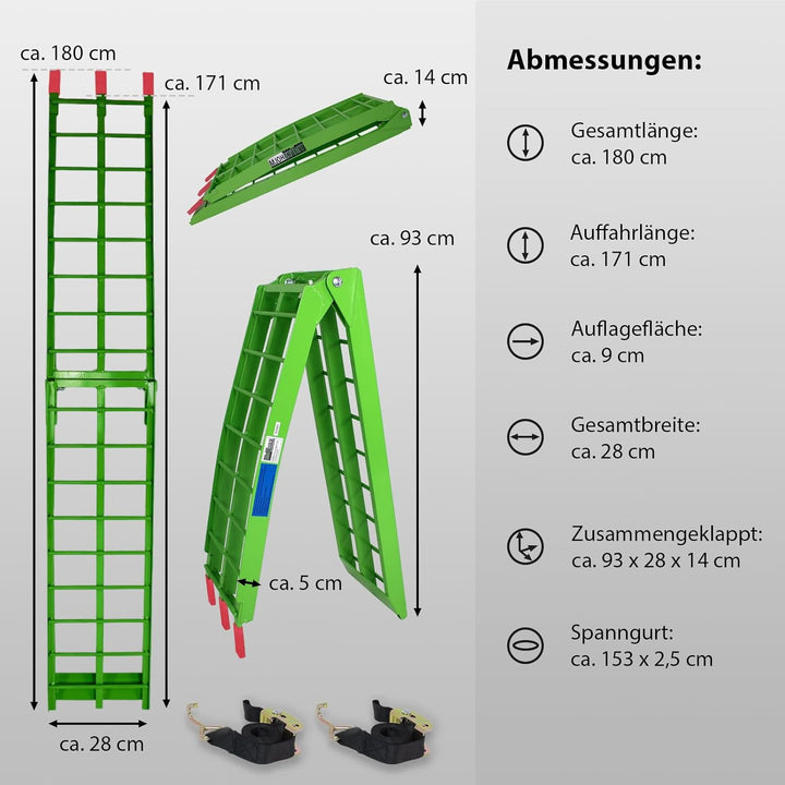 TRUTZHOLM 2 x Auffahrrampe klappbar 180 cm Traglast 680 kg Alu grün geriffelte Einzelstäbe Verladera