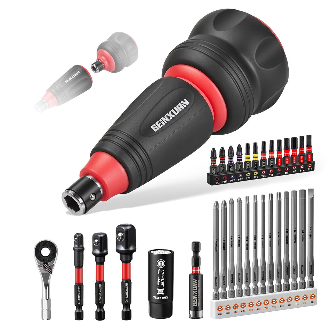 GEINXURN 33tlg. Stubby Ratschen-Schraubendreher-Set, 2-in-1 Stummelschrauber, 5-14mm Universal Steck