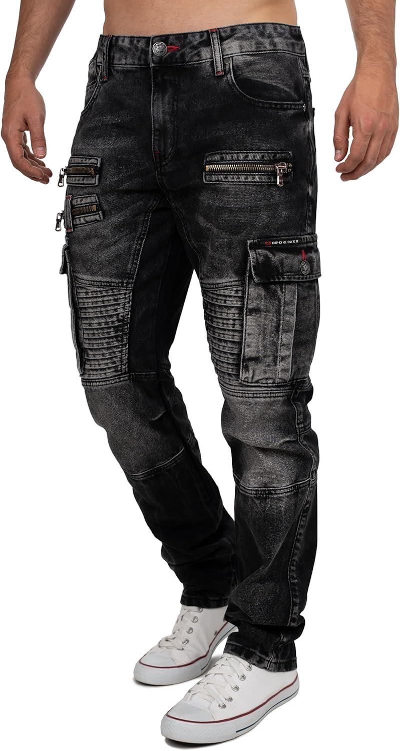 Cipo & Baxx Herren Jeans im Bikerstyle – Regular Fit oder Slim Fit | Stone Washed Denim mit Ziernäht