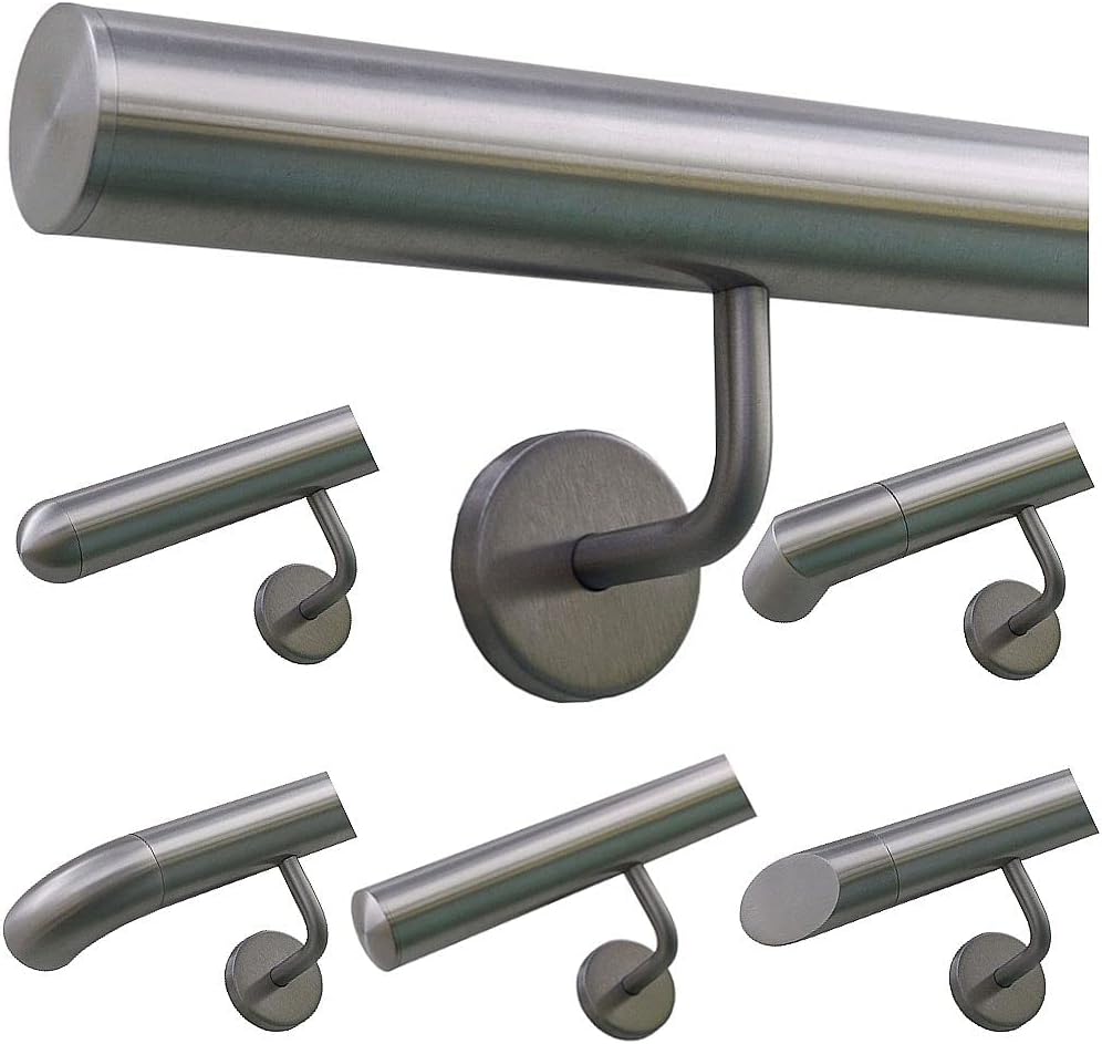 TIBU Handlauf Edelstahl 33,7 mm Geländer 0,3m - 6m, Länge 60 cm, Ende gerade Kappe und gewinkelte Ha
