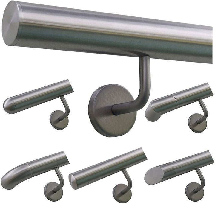 TIBU Handlauf Edelstahl 33,7 mm Geländer 0,3m - 6m, Länge 60 cm, Ende gerade Kappe und gewinkelte Ha
