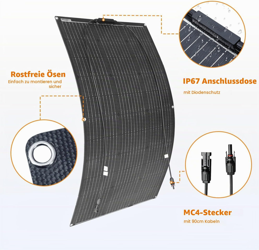 etfe Flexibel Solarpanel 100W 12V Monokristallines Photovoltaik Solarmodul Off-Grid für Wohnmobil, C