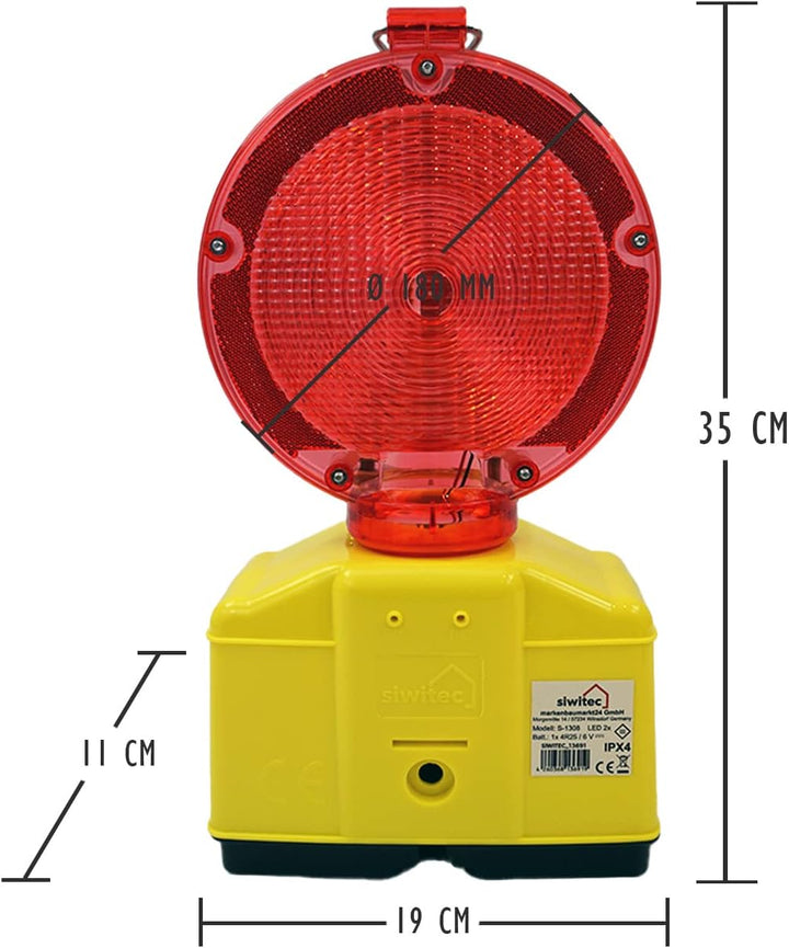 1 x siwitec LED Baustellenleuchte rot/transparent inkl. 2 x Blockbatterien Typ 4R25 6V 7Ah, LED Warn
