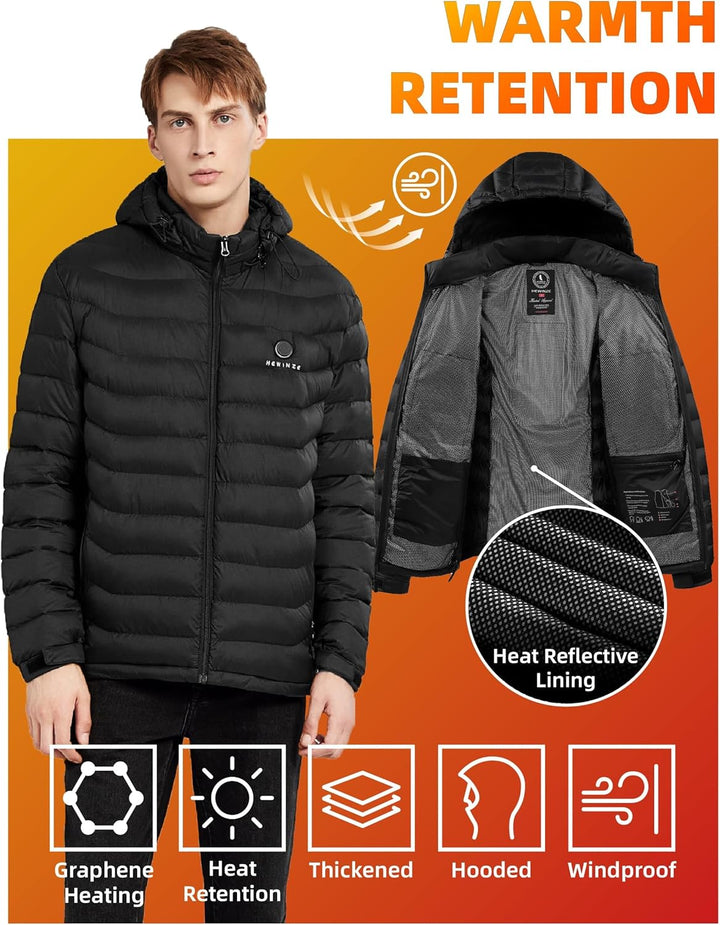 HEWINZE Beheizbare Jacke Herren mit kapuze,Warme Pufferjacke Damen mit akku 5V 10000mAh,Winterjacke