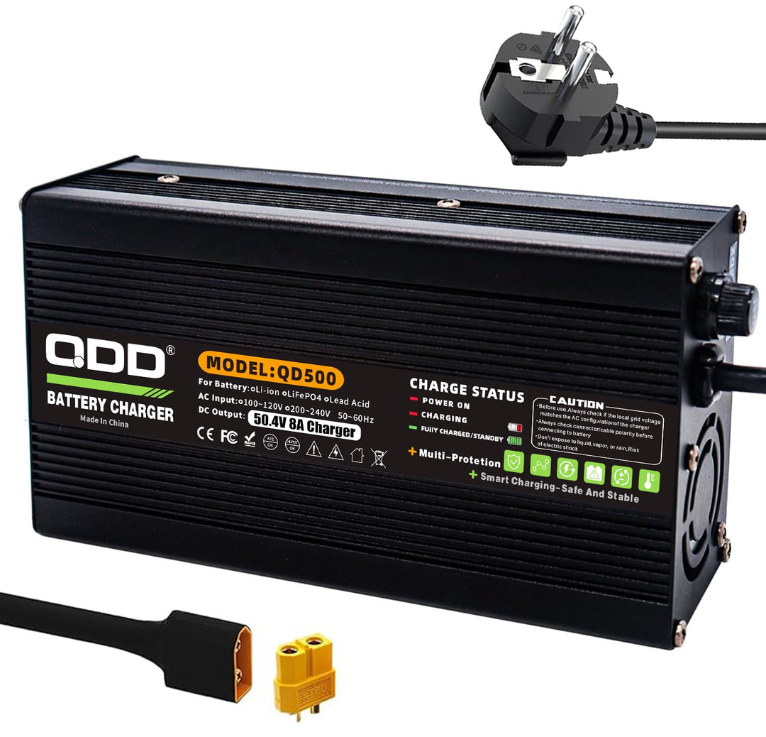QDD 50,4 V 8 A Lithium-Ladegerät mit Kühlsystem für 12S 44,4 V Lithium-Batterie DC XT60 Stecker
