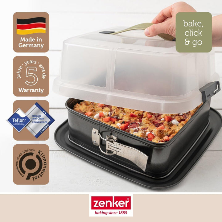Zenker Bake, Click & Go Quadratische Springform mit Haube – 24 x 24 x 8 cm – Backform mit passendem