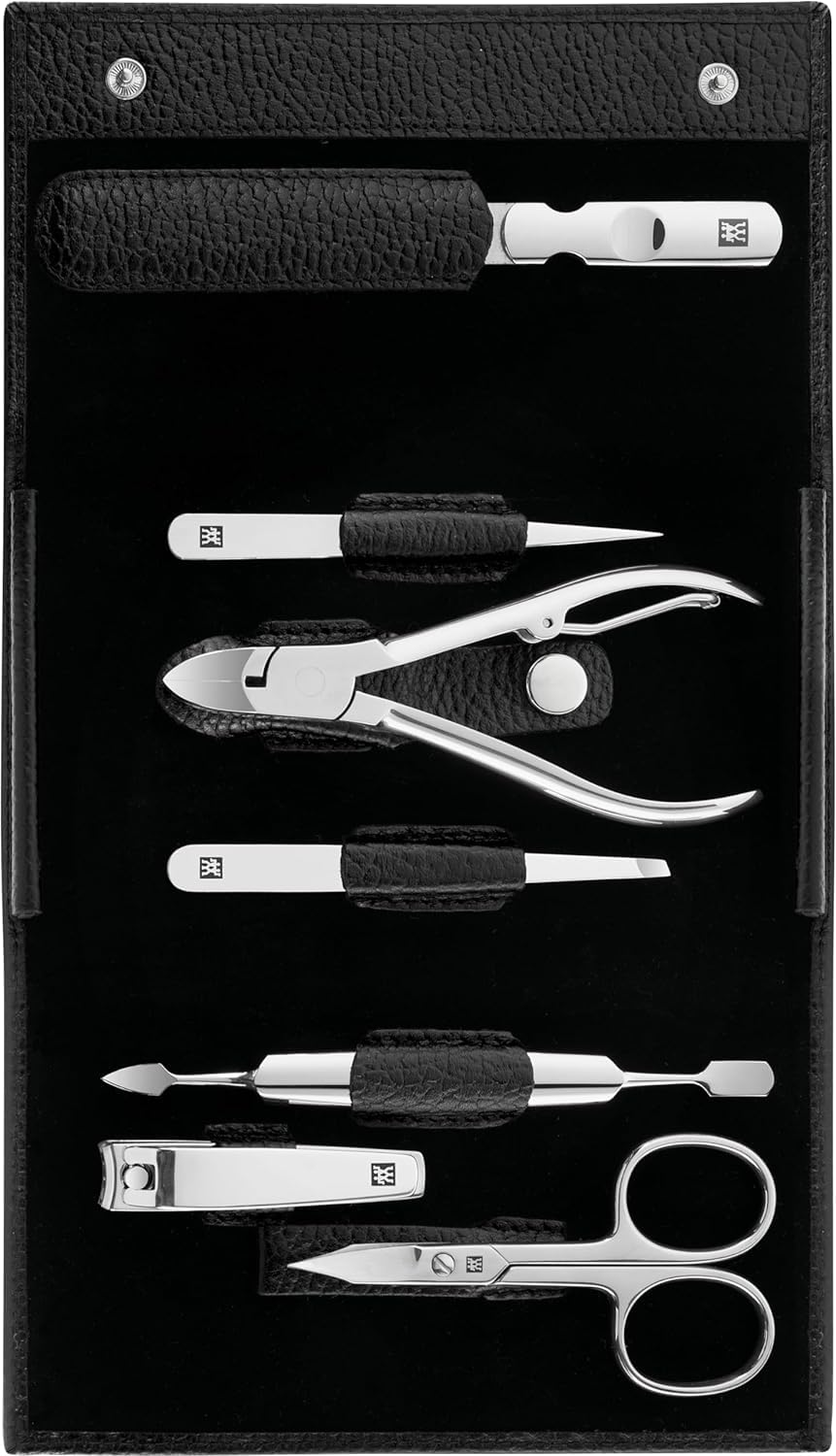 ZWILLING Maniküre und Pediküre Set, Reise Etui Set, Nagelpflege, Leder, 7-teilig, Schwarz Schwarz Si