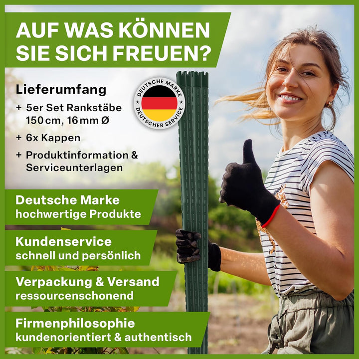 TTL GARDEN Rankstäbe 5er Set 150cm x 16mm Ø grün - extra stabile 16 mm Rankhilfe Pflanzstäbe Stahl r