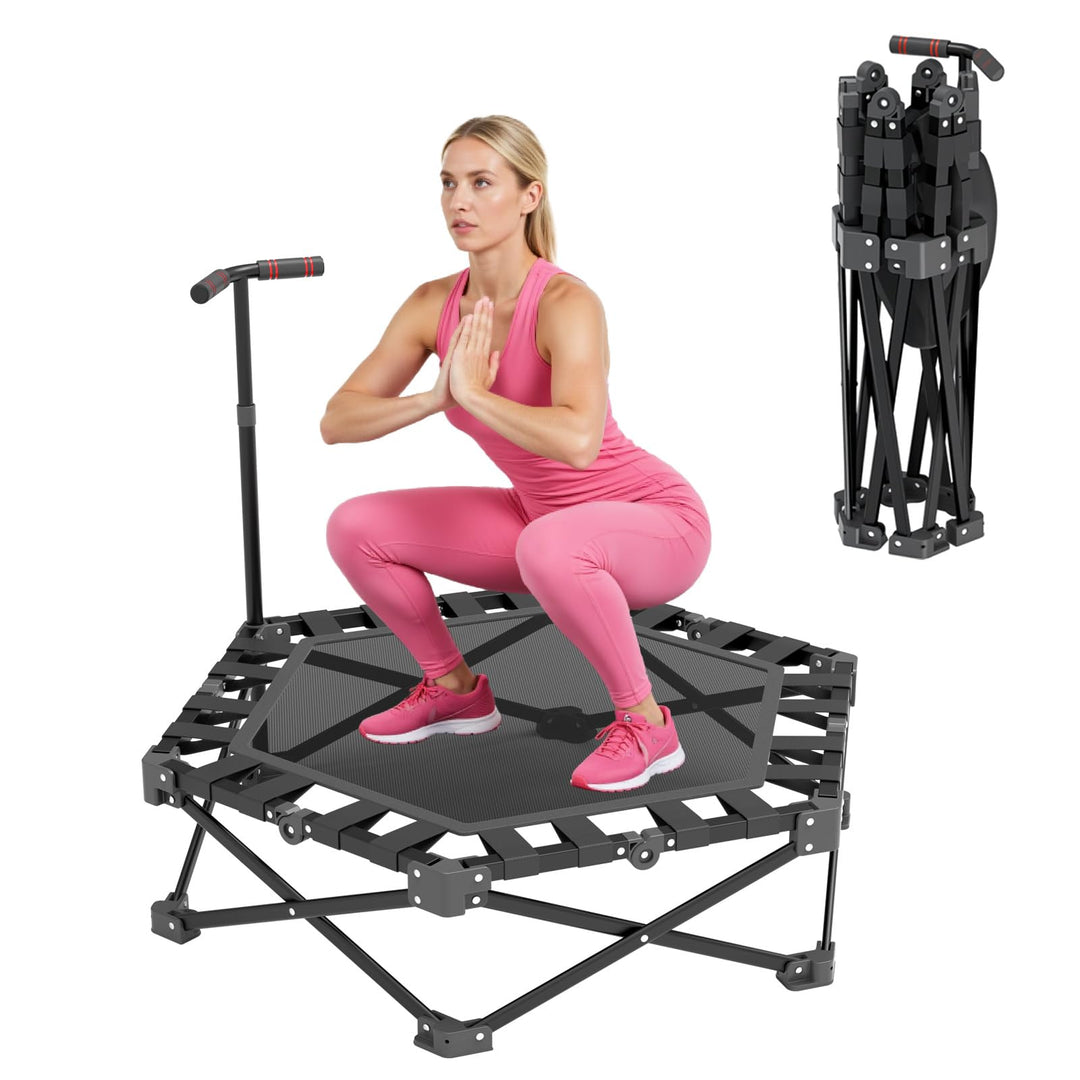 Mini Trampolin Klappbar, Fitness Trampolin Indoor mit Verstellbarem Griff, Minitrampolin für Erwachs