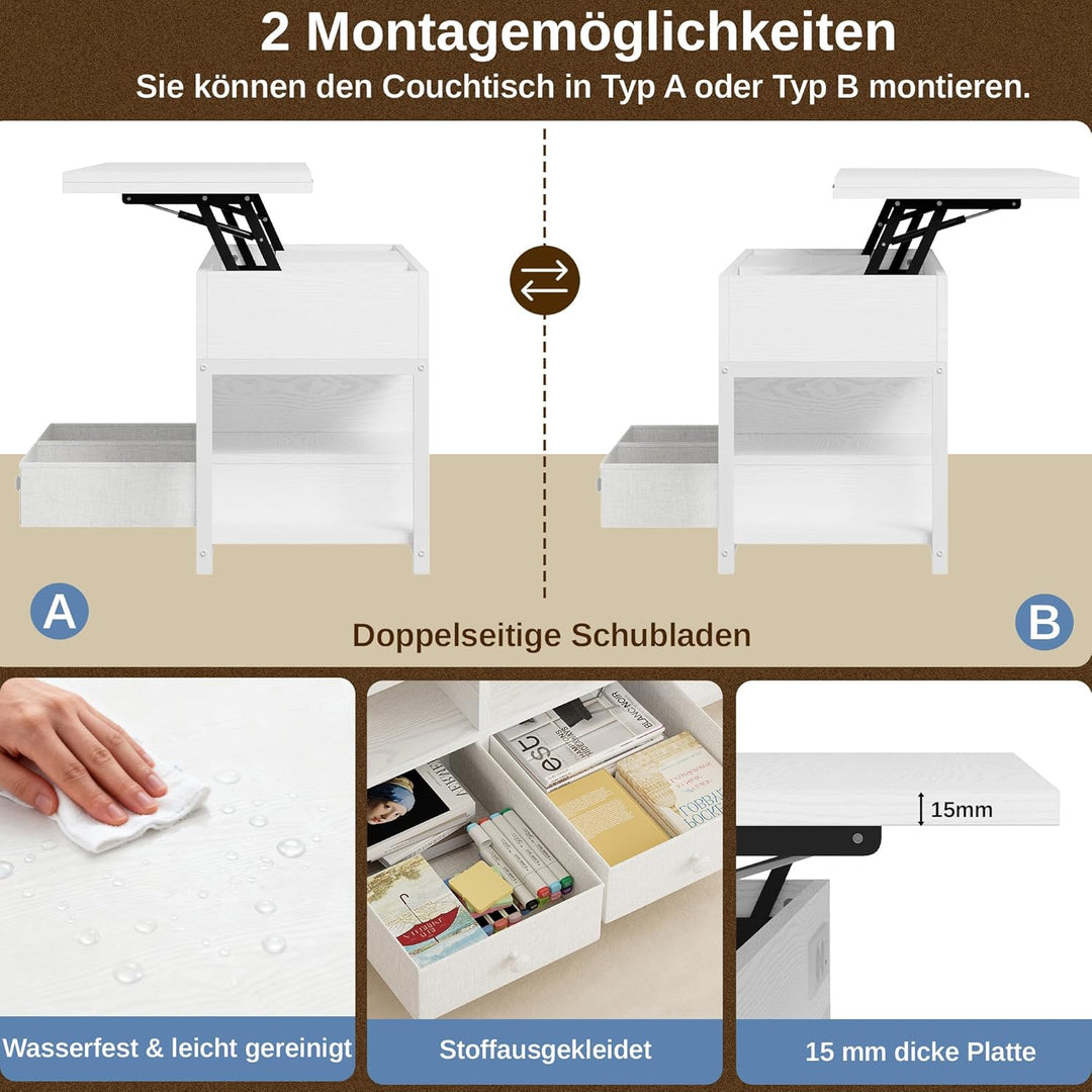 IRONCK Couchtisch höhenverstellbarer Wohnzimmertisch mit LED Beleuchtung und Steckdosen, 2 AC,1 USB