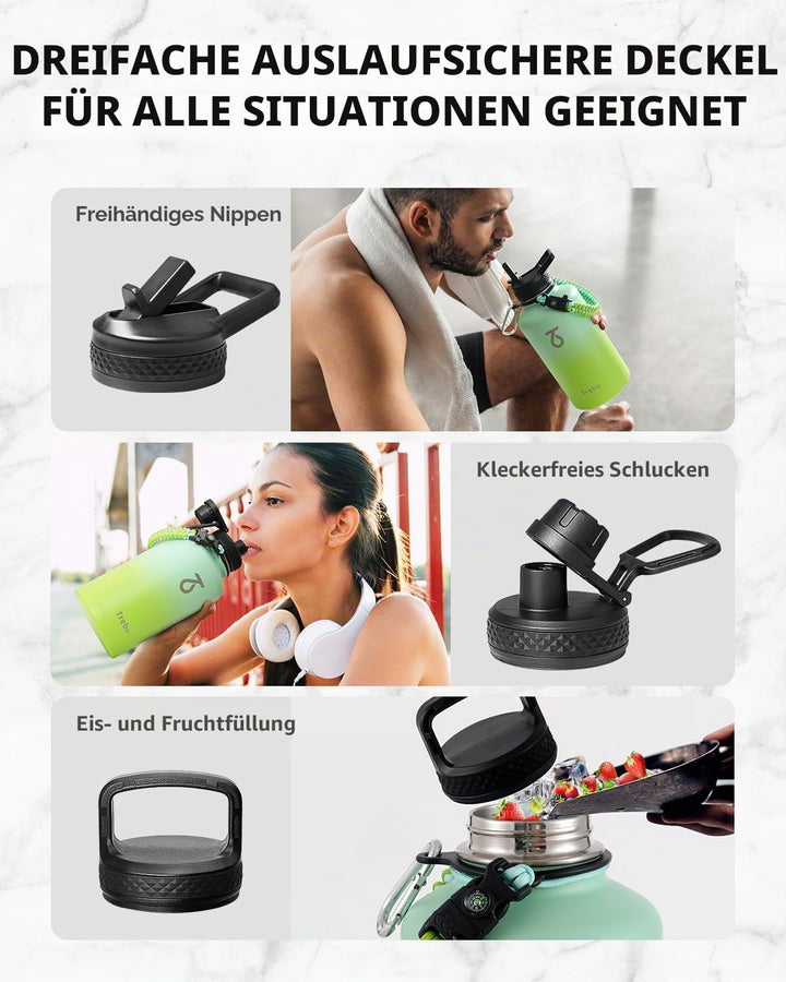 Trebo Isolierte Wasserflasche mit Paracord-Griff und Strohhalm, 1,8 l Fassungsvermögen, Edelstahl, g