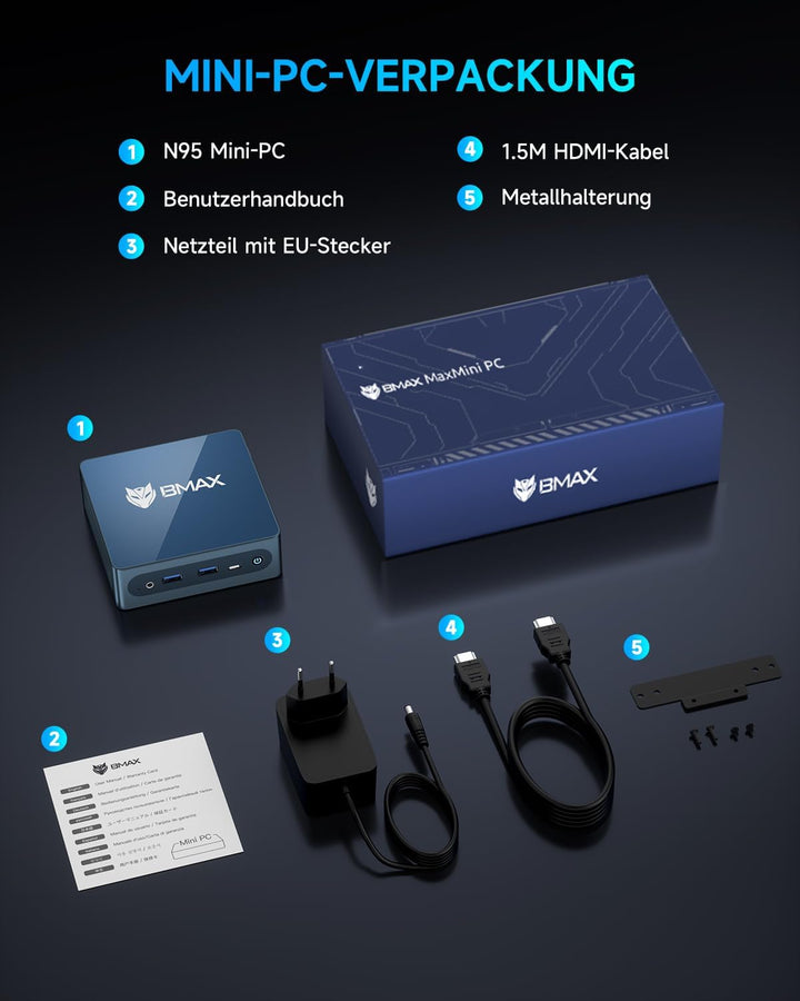 BMAX B4 Plus Mini PC Windows 11 Pro 12GB LPDDR5 512GB M.2 SSD Intel N95(bis zu 3.4Ghz) Micro Desktop