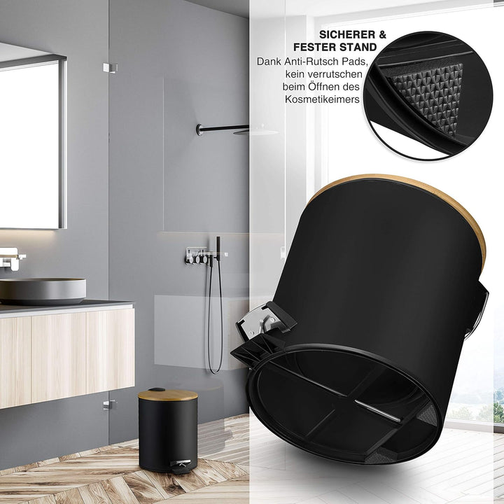 VMbathrooms 5L Kosmetikeimer in edlem schwarzem Design | Tretmülleimer mit Absenkautomatik (Soft Clo