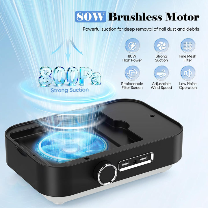 4-in-1 Elektrische Nagelfeile mit Staubsauger, LED-Lampe & Powerbank, 45.000 U/min Professionelle Na