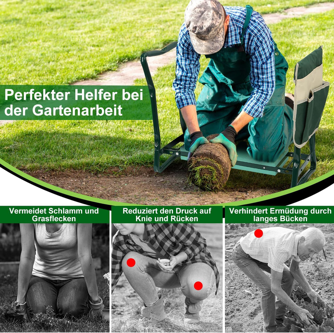 Kniebank für Gartenarbeit, gepolsterter Sitz, Klappbar, Arbeitshocker mit Werkzeugtasche, 59 x 49 x