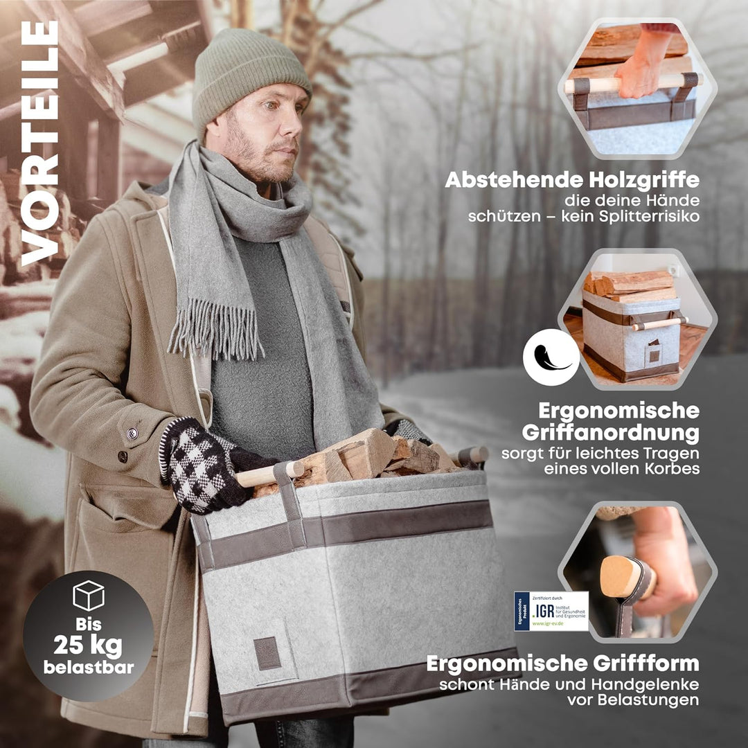 OAKAGE® Holzkorb für Kaminholz Gross [Schmutzabweisendes Innenfutter und Lederboden] Kaminholzkorb F