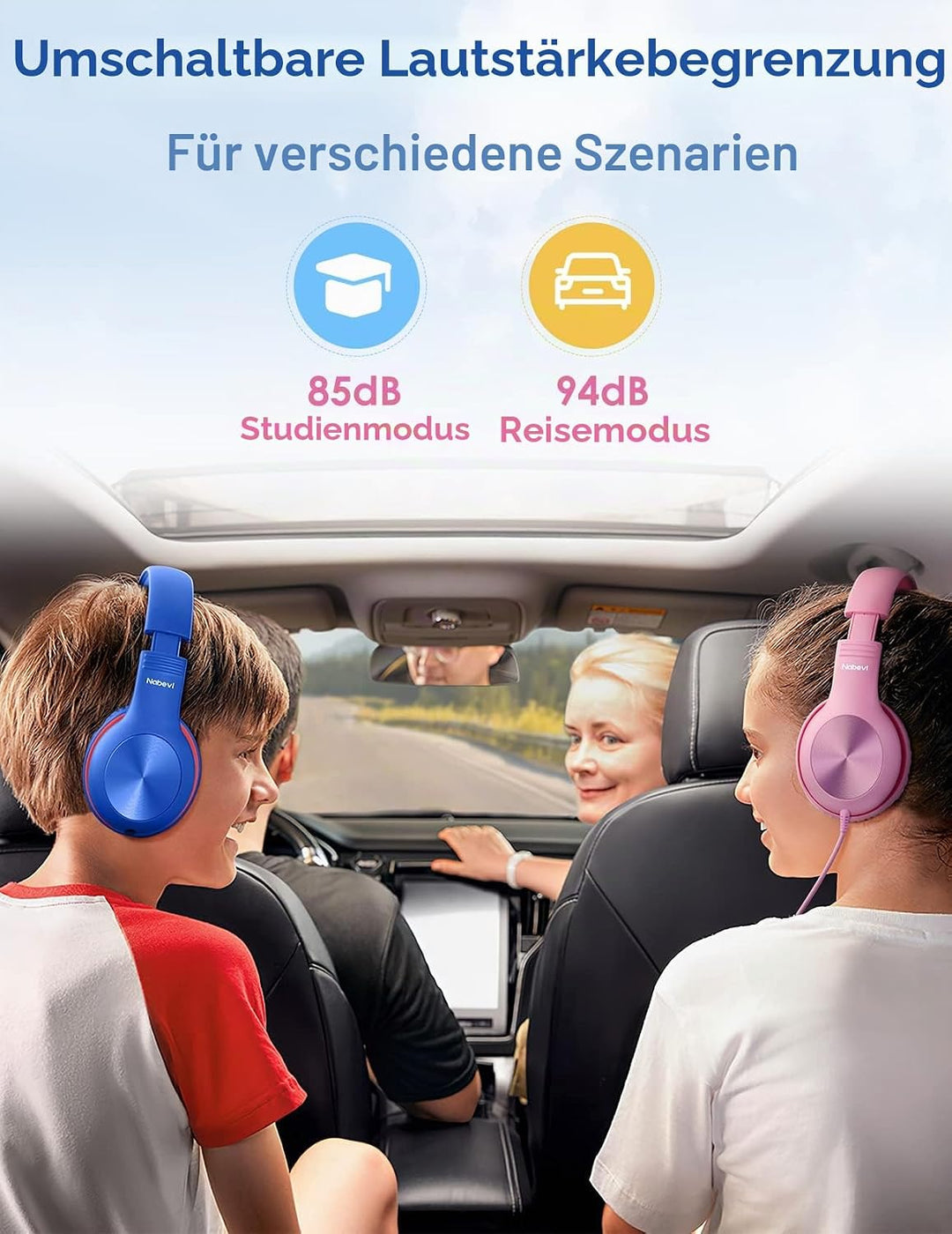 Nabevi Kopfhörer Kinder, Kinder Kopfhörer mit Kabel, 85/94dB Lautstärkegrenze, HD-Stereoton, Sharing