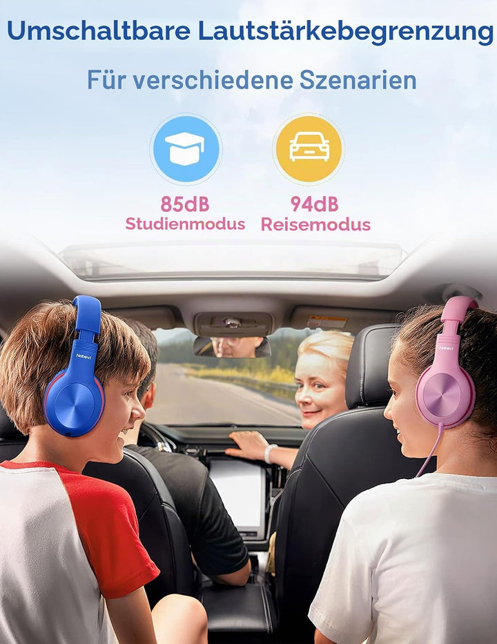 Nabevi Kopfhörer Kinder, Kinder Kopfhörer mit Kabel, 85/94dB Lautstärkegrenze, HD-Stereoton, Sharing