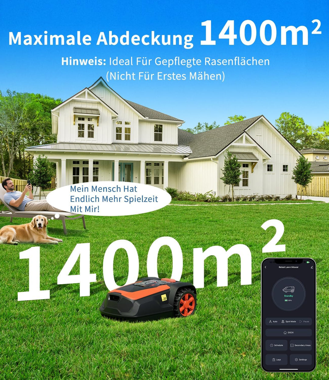 Mähroboter mit Begrenzungskabel 200 m für bis zu 1400 qm², Rasenmäher mit 47% Steigung, 22cm Schnitt
