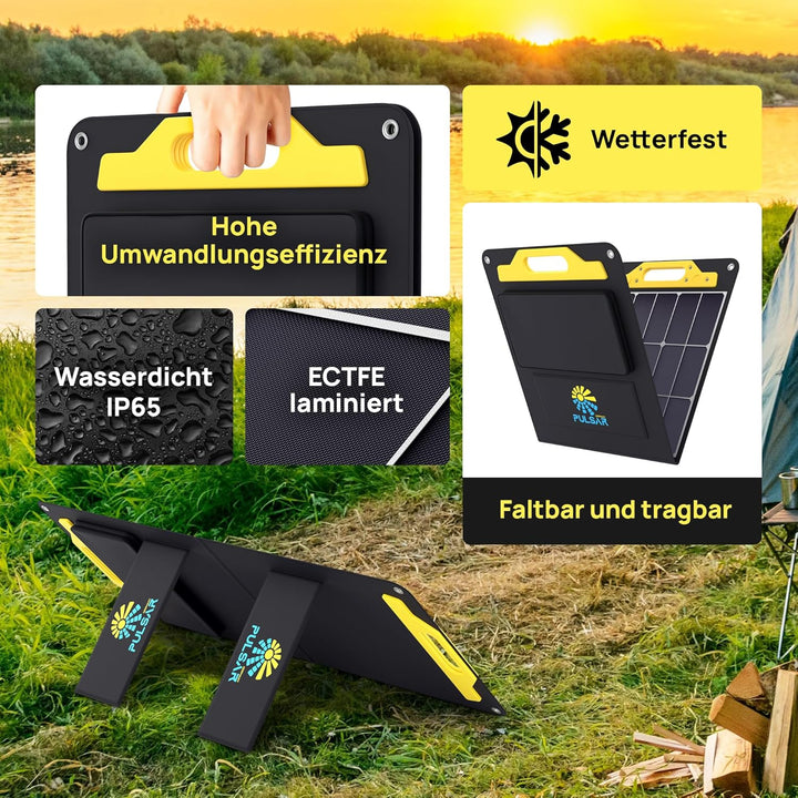PULSAR Solar Panel 100W, Solarpanel Faltbar mit USB-A QC3.0 24W und USB-C PD bis 45W, Solarmodul für