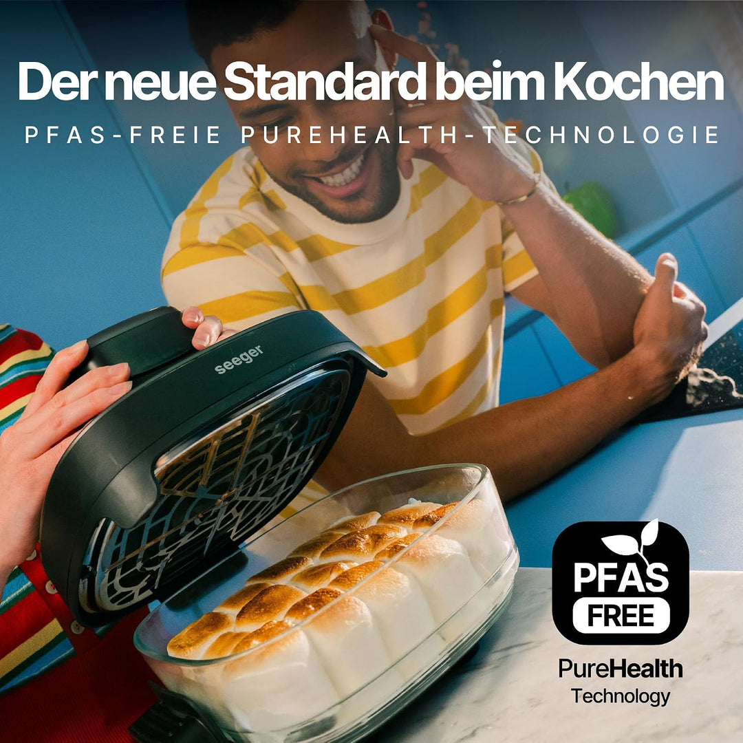 Seeger ClearFry Glas Heissluftfritteuse mit 6 Zubereitungsfunktionen | PFAS-Frei, 2 Glasbehälter (4.